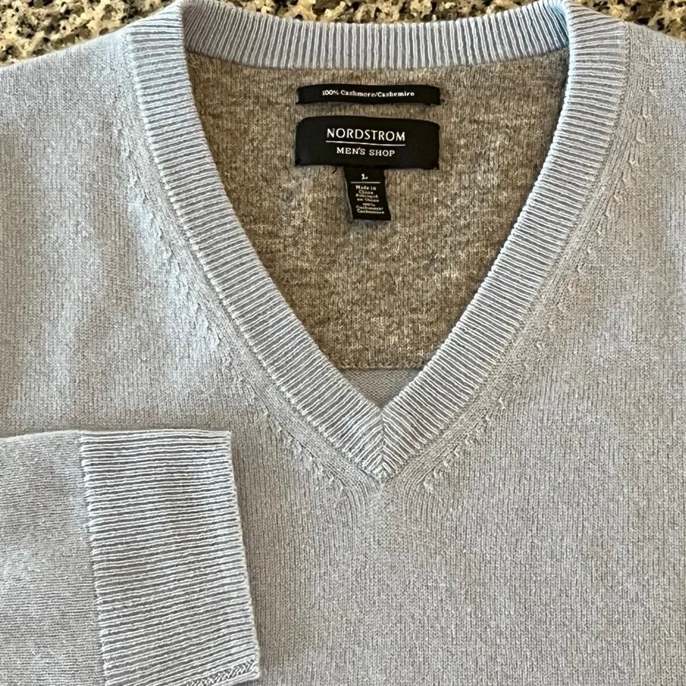 Nordstrom Mens Shop Sweater Mens Large Blue 100% Cashmere V-Neck Pullover